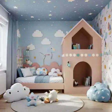 Space-themed kids room with study area