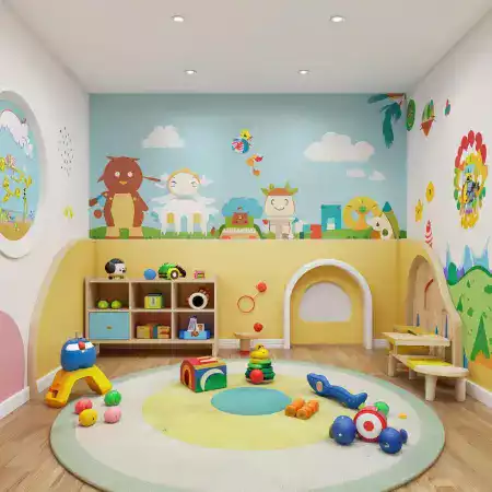 Scandinavian kids room with wooden elements